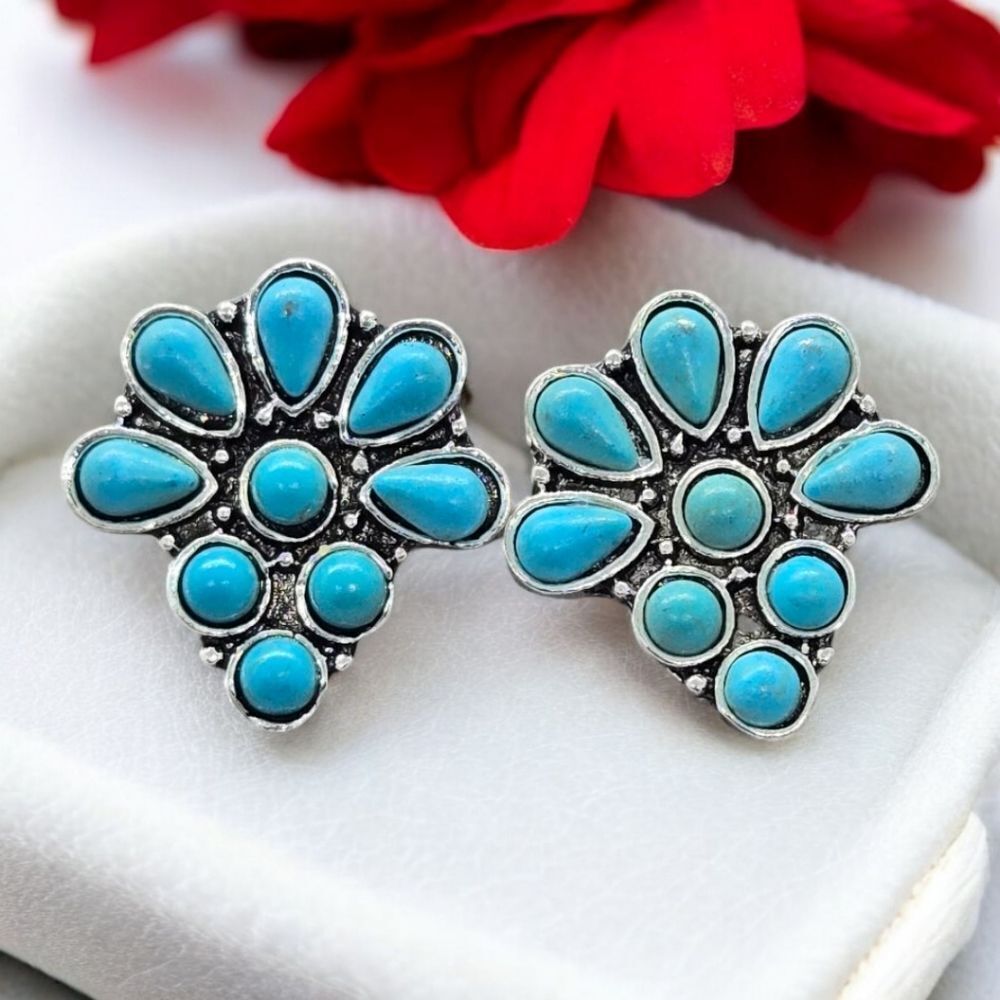 Squash Blossom Turquoise Earrings Boho-Chic Tribal Western Pierced Women Jewelry